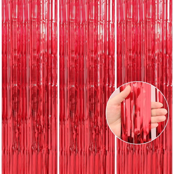 3 Pack Red Tinsel Backdrop, 3.28 FT x 6.56 FT Fringe Curtains, Red Foil Tinsel Party Streamer Backdrop Curtains for Party Decorations