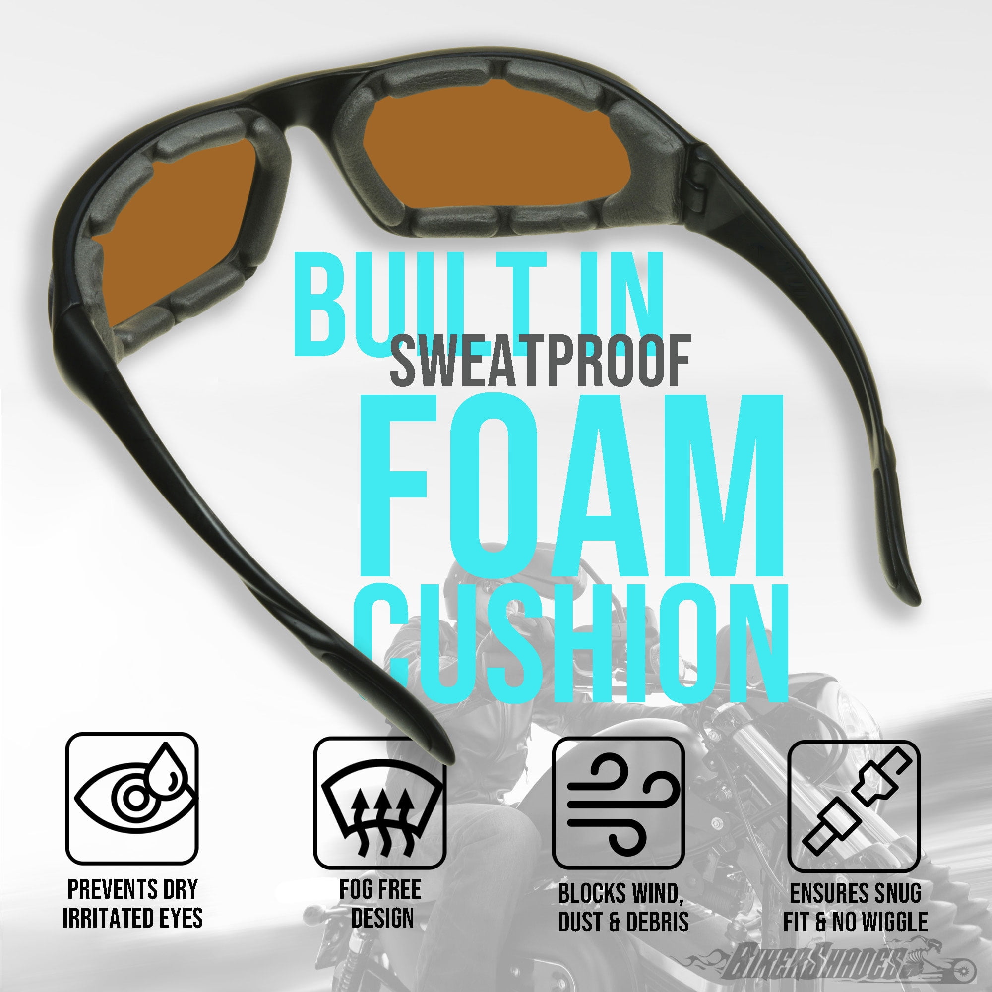 Bikershades Motorcycle Sunglass Goggles for Men and Women. Safety Impact Resistant Polycarbonate HD Lens Removable Foam