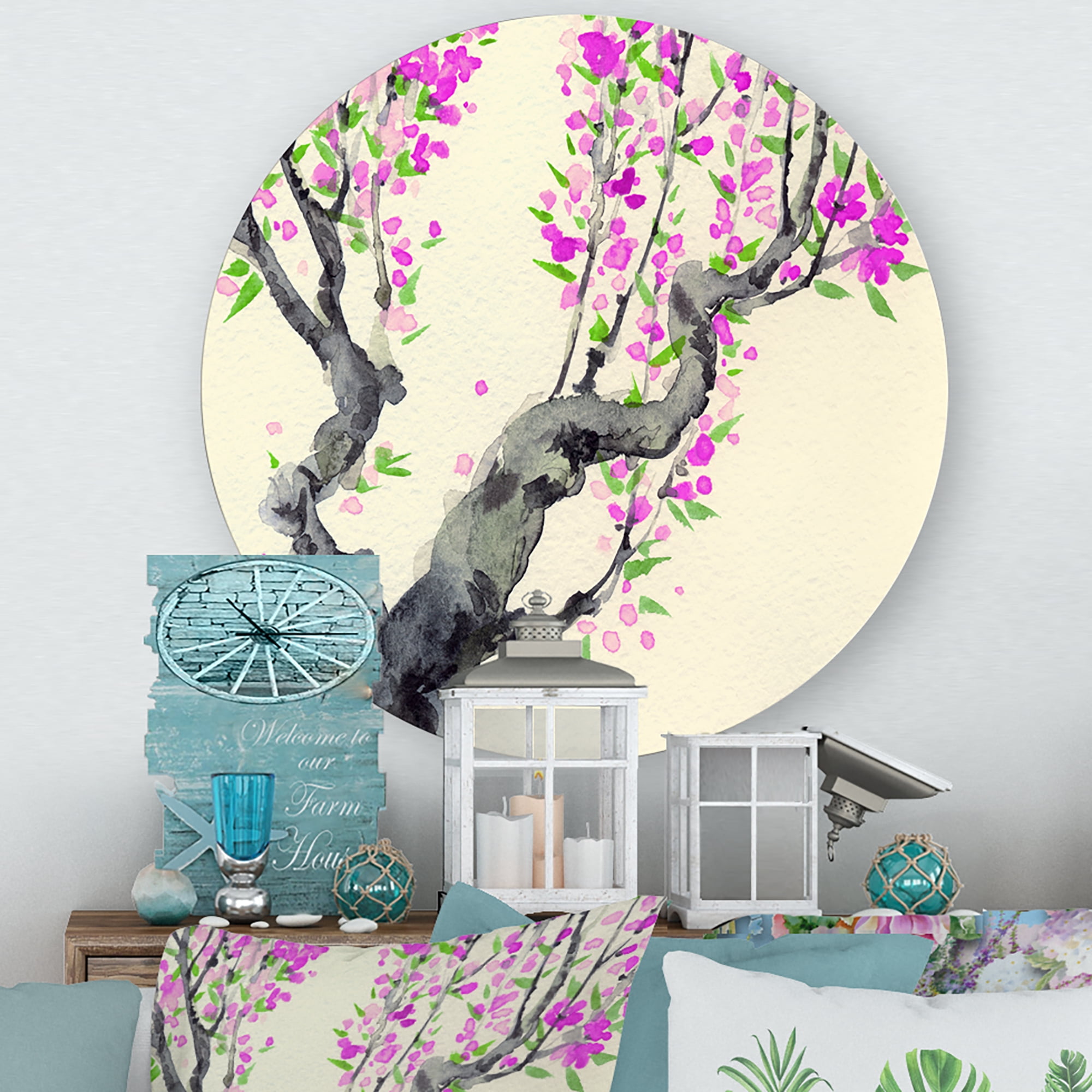 Designart 'The Japanese Tree With Purple Flowers On' Traditional Circle Metal Wall Art 23x23 - Disc of 23