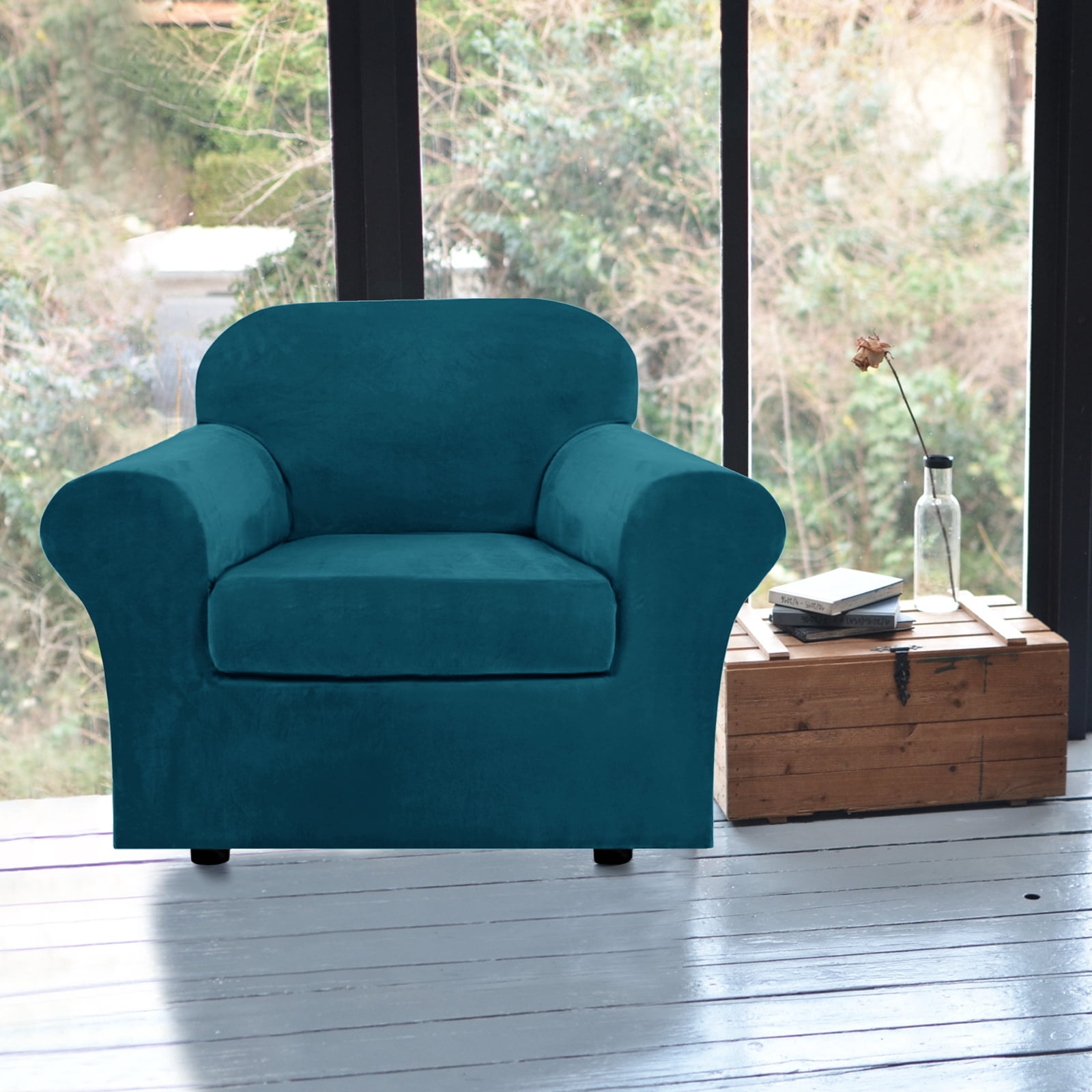 SHANNA Sofa Covers Stretch Velvet Couch Covers with Seperate Seat Cushion Covers, Armchair /Loveseat / Sofa Slipcovers (Dark Green, Armchair Cover)