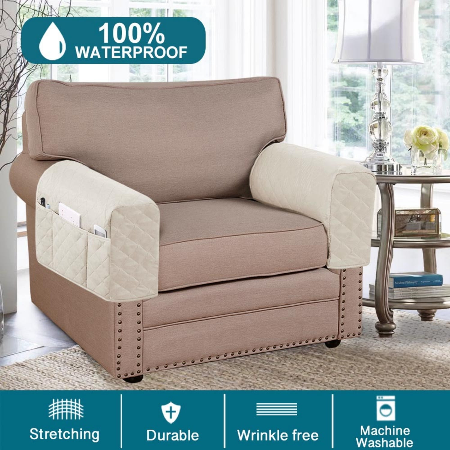 2 Pack Waterproof Armrest Covers Couch for Chairs and Sofas Couch Arm Covers with Side Pocket, Non-Slip Armrest Protectors Washable Armrest Slipcover (Beige)
