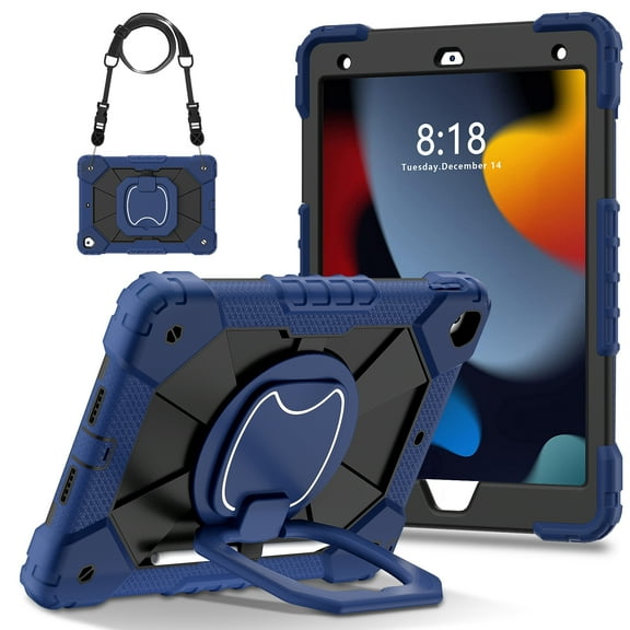 Hard Tablet Case for iPad 9th/8th/7th Generation 10.2" (2021/2020/2019), Heavy-duty Rugged Case with Kickstand /Pencil Holder, Portable Shockproof Sturdy Cover with Shoulder Strap /Handle, Blue Black