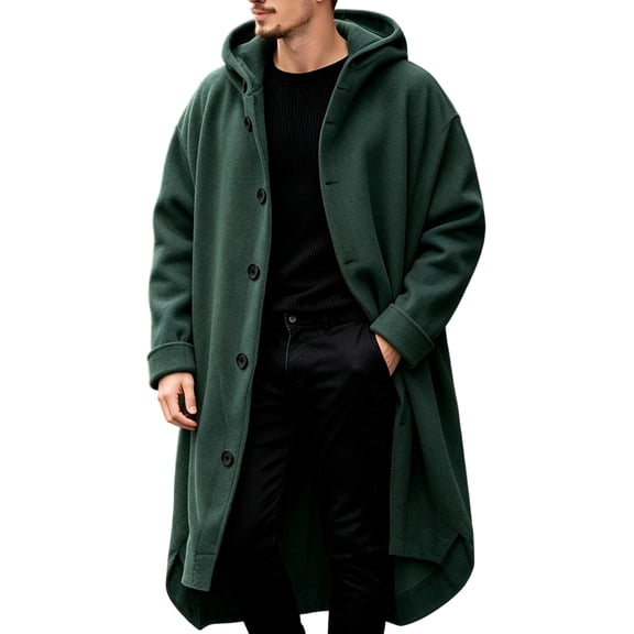 IROINNID Mens Hooded Long Overcoat Button Front Winter Warm Coat with Side Pockets Solid Color Wool Blend Long Sleeve Casual Outerwear for Daily Commute and Weekend Wear