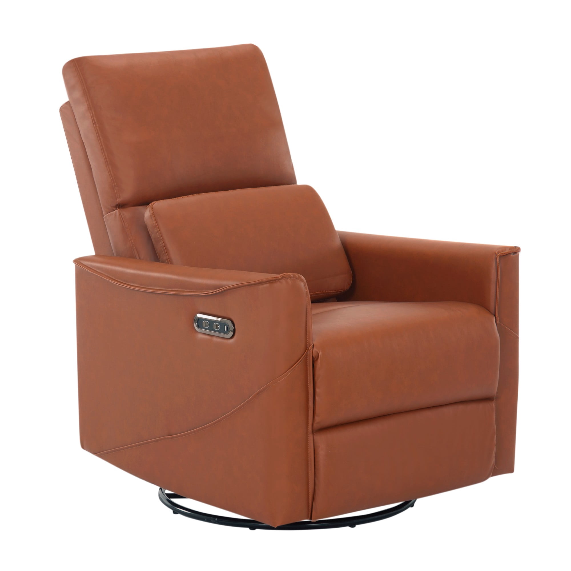 BSHTI PU Leather Electric Swivel Glider Recliner Chair with Rocking Function, Modern Comfort Seating for Living Room, Bedroom（Brown）