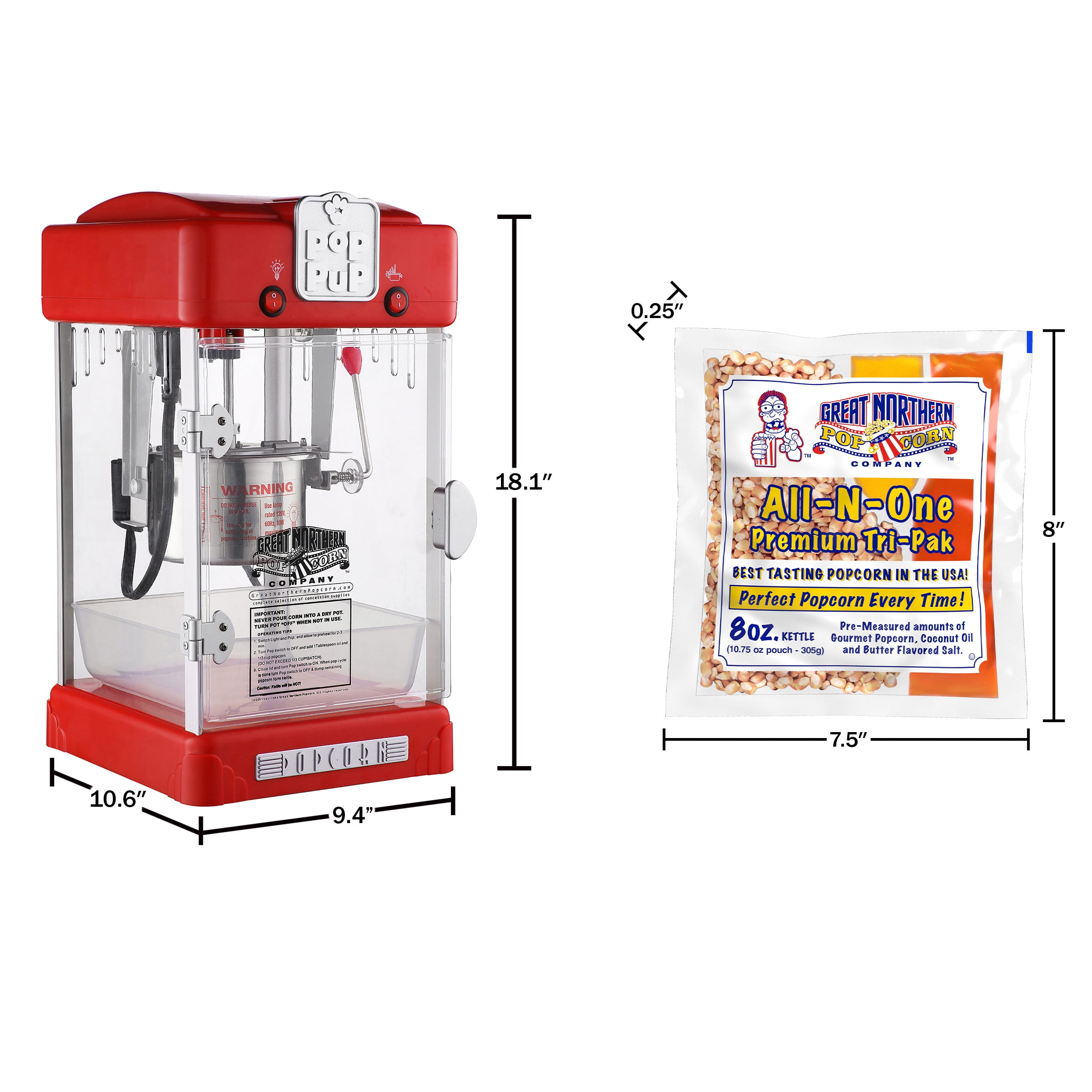 Great Northern Popcorn 2 Cups Oil Popcorn Machine, Red, Tabletop, Glass  Housing, Popcorn Maker with Stainless Steel Kettle, Nostalgic Design,  Countertop Model in the Popcorn Machines department at