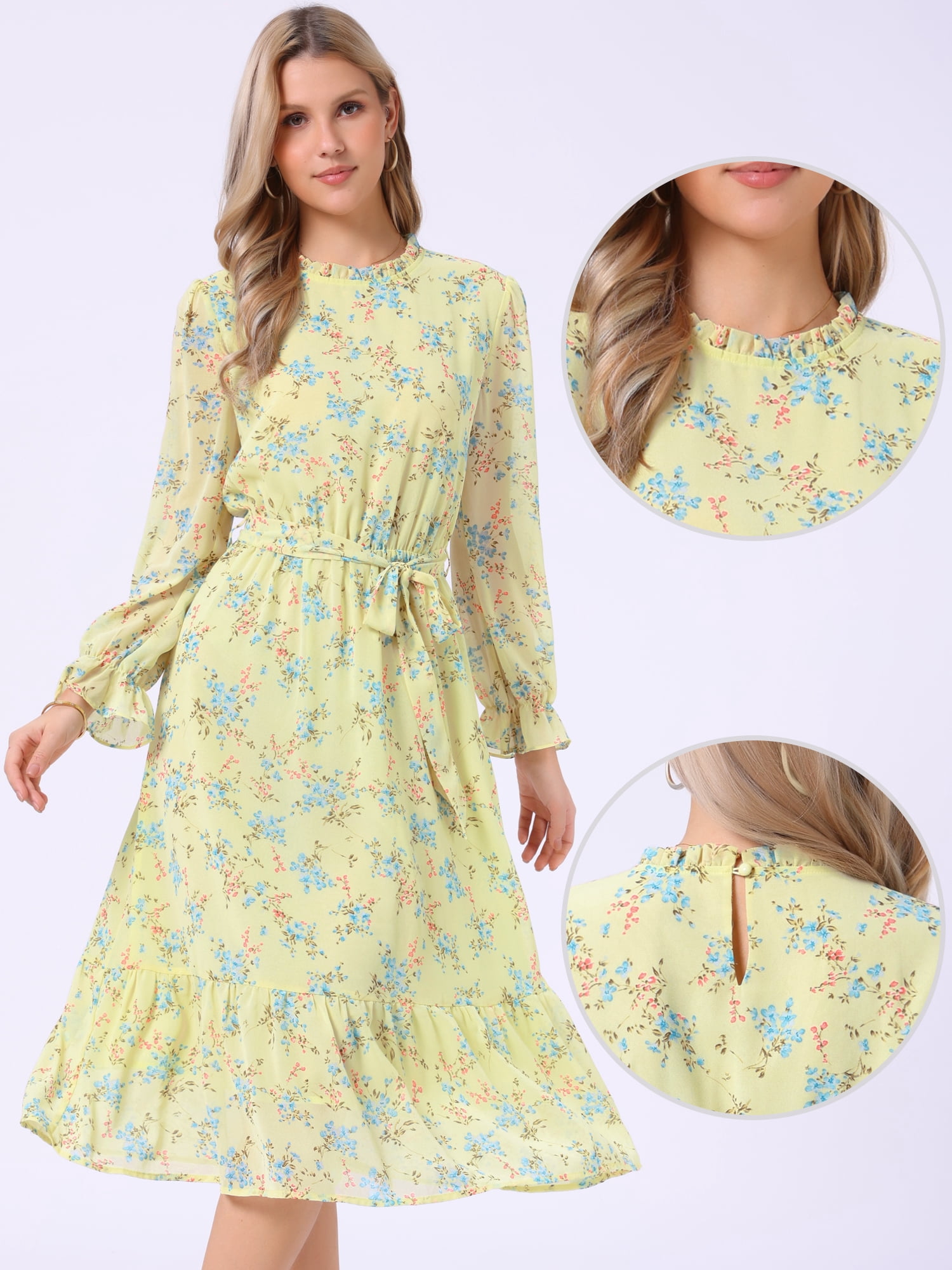 DARING DIVA Fall Floral Long Sleeve Chiffon Midi Dress S Yellow