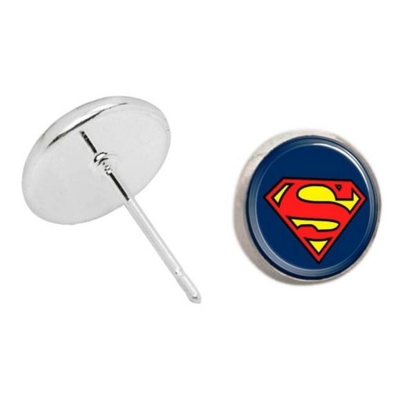 Superman Shield Blue Glass Domed Stud Earrings