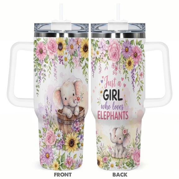 40oz Elephant Girl Tumbler with Handle and Straw Cute Floral Animal Pattern Insulated Car Cup Stainless Steel Travel Coffee Cup Gift