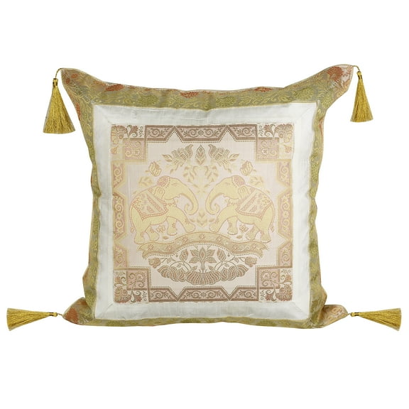 Stylo Culture Indian Brocade Home Decor Throw Pillow Sham Cover White Gold 18x18 Jacquard Weave Tassels Sofa Cushion Cover 45 x 45 cm Polydupion Silk Zippered Elephant Square Pillow Case | 1 Pc