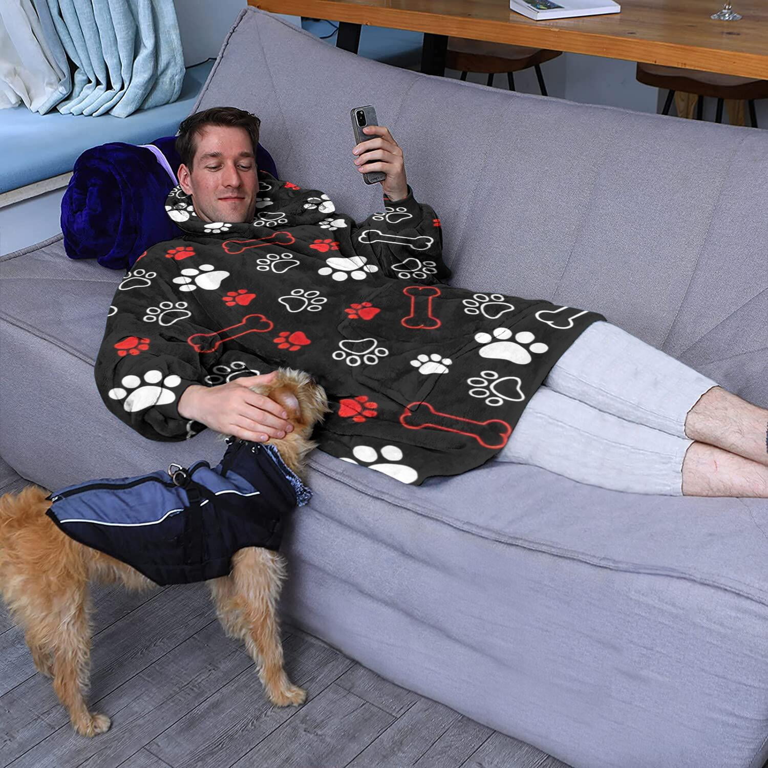 Wearable Oversized Blanket,Paw Prints and Bones Wearable Blanket Hoodie for Adults,Cozy Hooded Blankets with Super Pockets,Super Warm Fuzzy Pullover for Women & Men