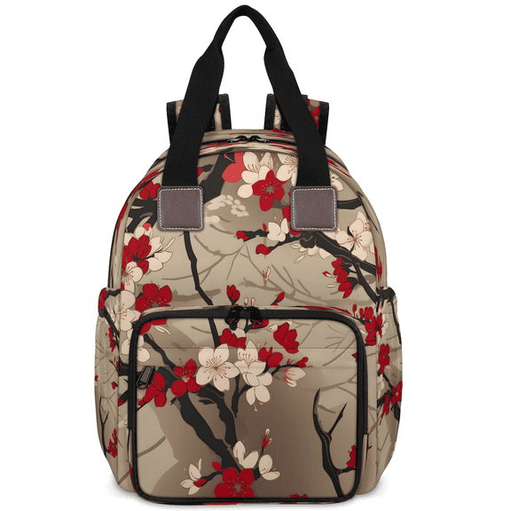 Jiaoprinted Cherry Flower Diaper Bag Backpack, Cherry Blossoms Branches Travel Diaper Bag, Waterproof Mom Backpack Travel Essentials with Insulated Bottle Pockets & Stroller Strap
