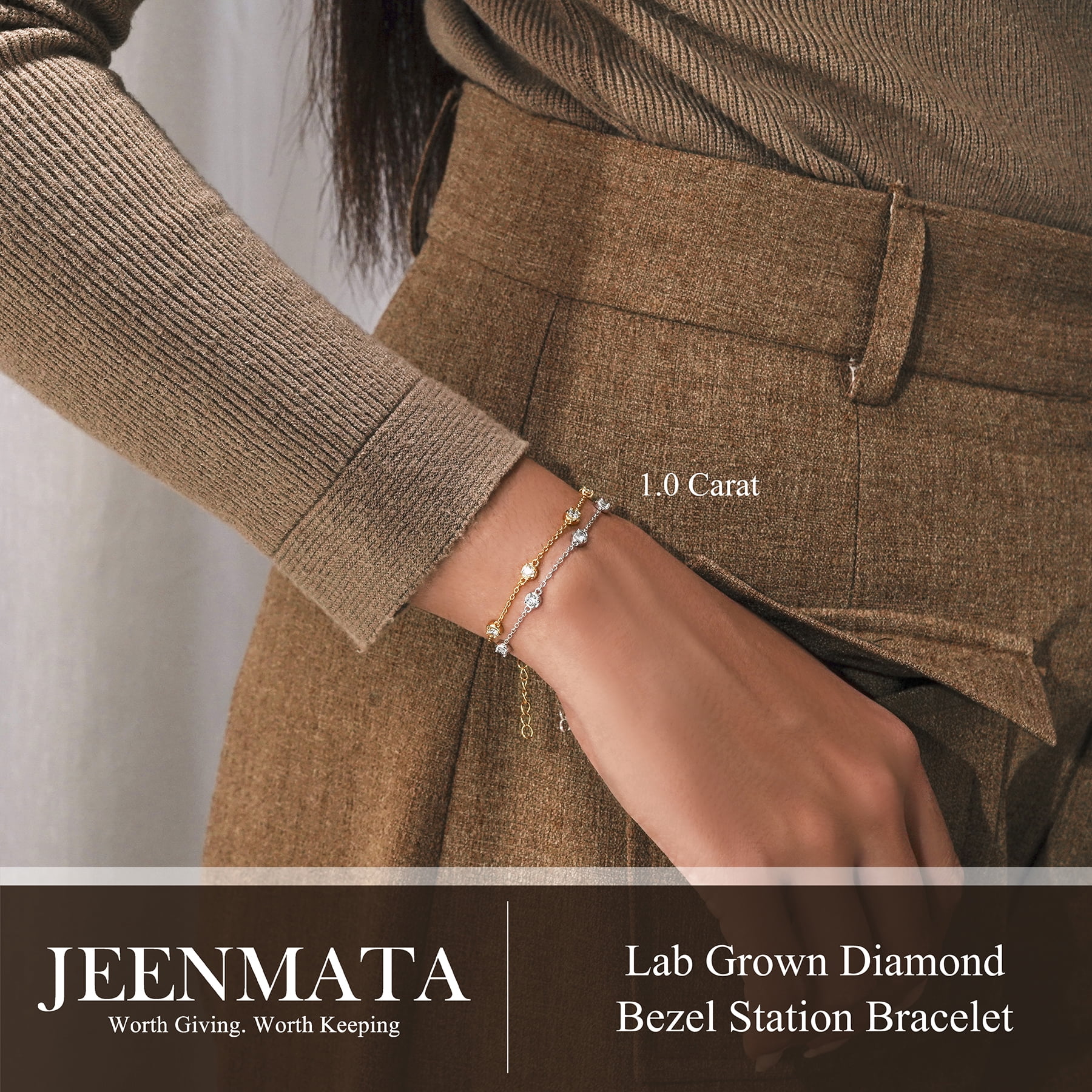 JeenMata 1 Carat Lab Grown Diamond Bezel Station Bracelets - Elegant Gift Jewelry Bracelet in 18K Yellow Gold Plating Gift for Women, Girlfriend