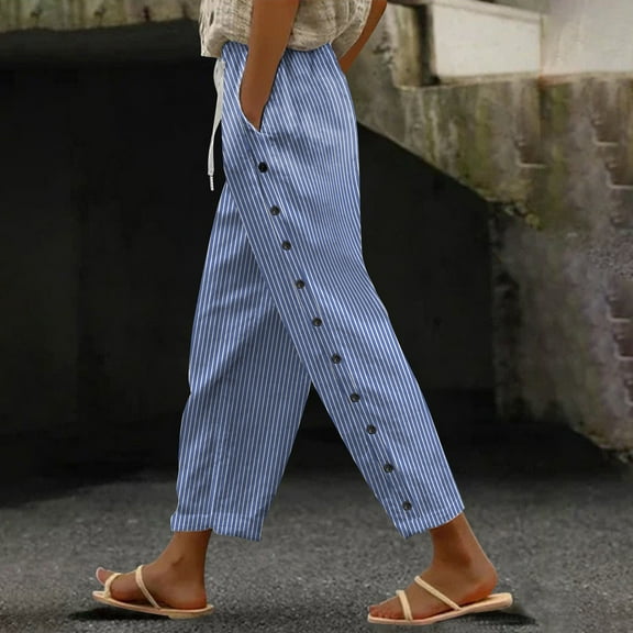 Women's Cotton and Linen Striped Pants: Elastic Waistband, Blue S-XXL