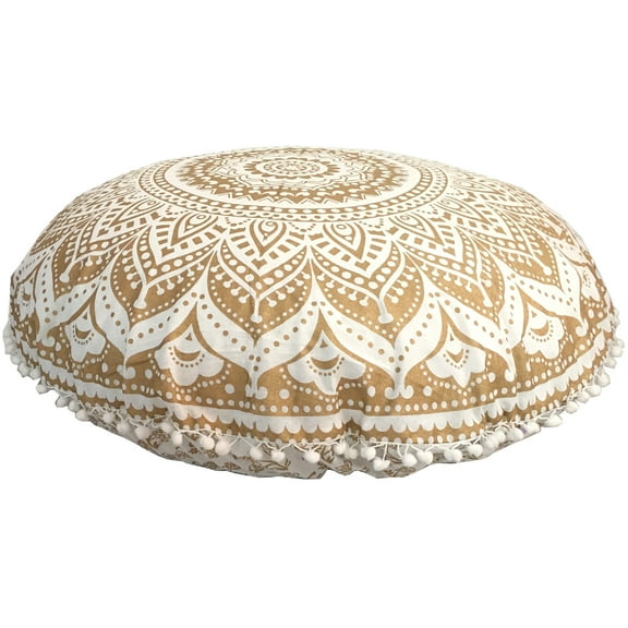 Stylo Culture Ethnic Yoga Throw Pillows For Bedroom Indian Mandala Floor Pillow Cushion Cover Gold Large 32x32 Decorative Round Decor Seating Tuffet Seat Pouf Cover Footstool Cotton Floral 1 Pc