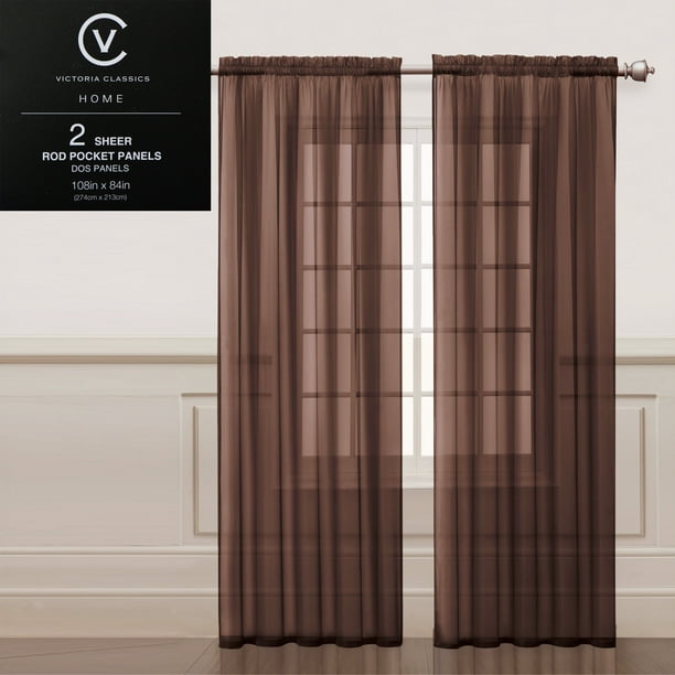 Two (2) Chocolate Brown Sheer Rod Pocket Window Curtain Panels 108"W x 84"L, Fully Hemmed