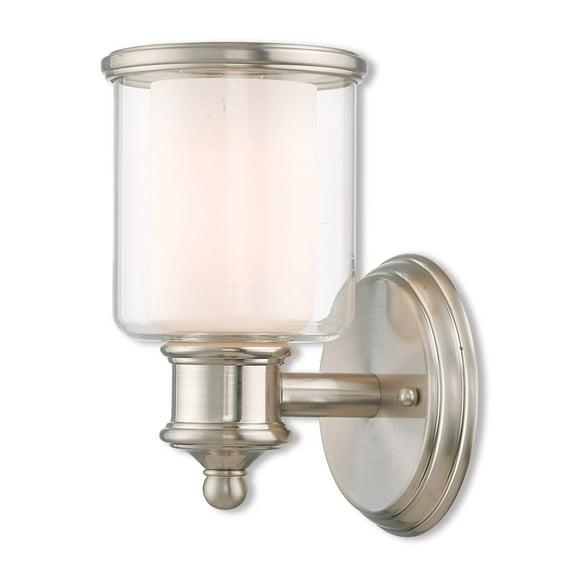 5.5 inch 1 Light Brushed Nickel Wall Sconce with Hand Blown Outside Clear Glass & Inside Satin Opal White Glass Shade