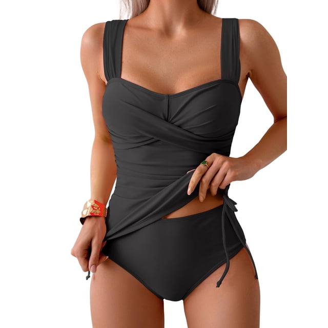 Traje de baño Tankini B2prity Tummy Control de cintura alta negro para mujer