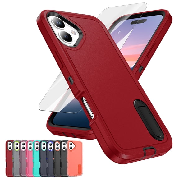 Decase 3-in-1 Shockproof Case for iPhone 17 2025,3-Layer Heavy Duty Anti-Scratch Hard Case,Rugged Kickstand Cover with Tempered Glass Screen Flim,Red Black