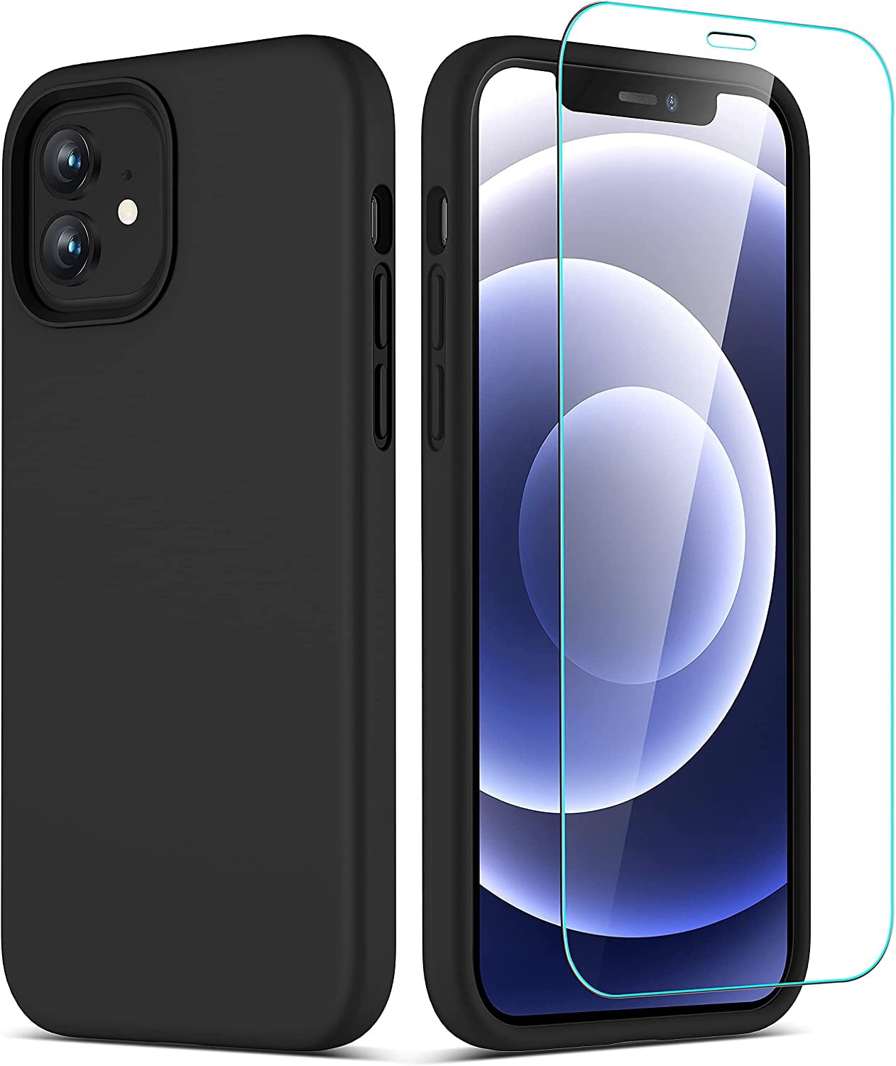 CellEver Heavy-Duty Silicone Case for iPhone 12/12 Pro - Two Shatterproof Glass Screen Protectors, Military Drop Protection, Scratch-Free Interior, Black