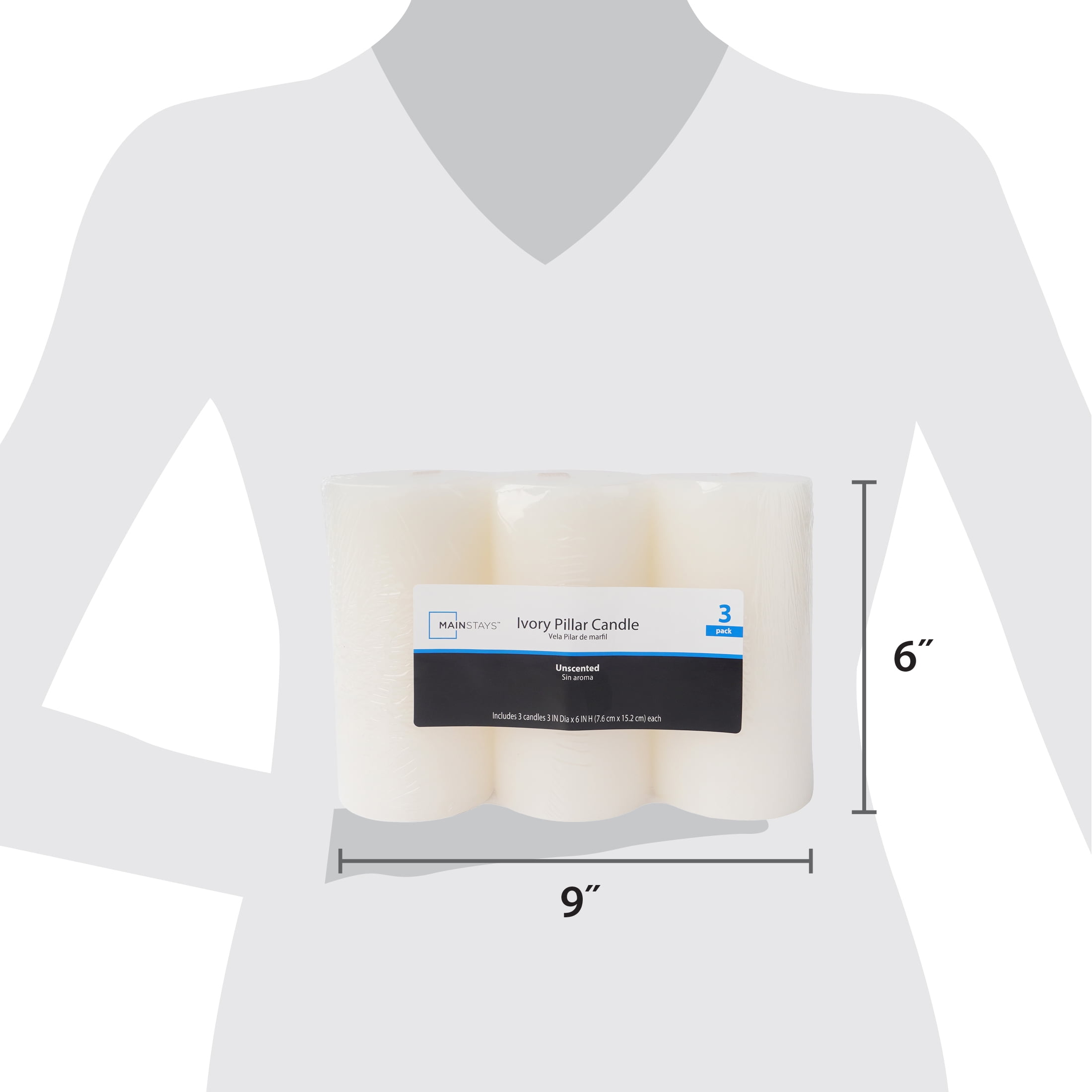 Mainstays Single Wick 3" x 6" Pillar Candle, Unscented, Ivory, 3 Pack