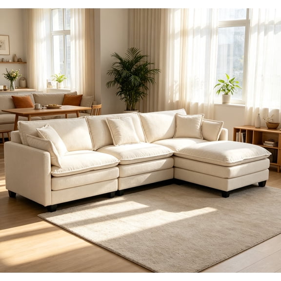 FFZ 114"L Sectional Sofa Bed with Ottoman, Chaise, Pillows, Antique White