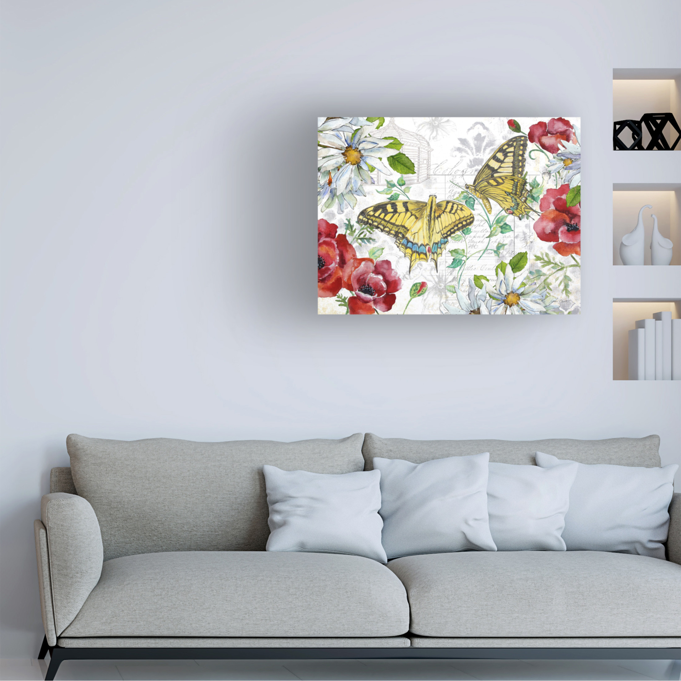 Canvas Wall Art - Jean Plout 'Floral Butterfly Garden A' Wall Art for Living Room, Bedroom, or Office Décor by Trademark Fine Art - 32 x 24 Inches