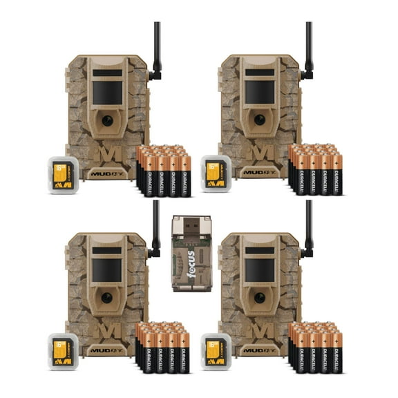 Muddy Mitigator 2.0 24MP Cellular Camera Combo with 720p Video and Versatile Mounting (Brown, 4-Pack) Bundle with All-In-One High Speed Card Reader (5 Items)
