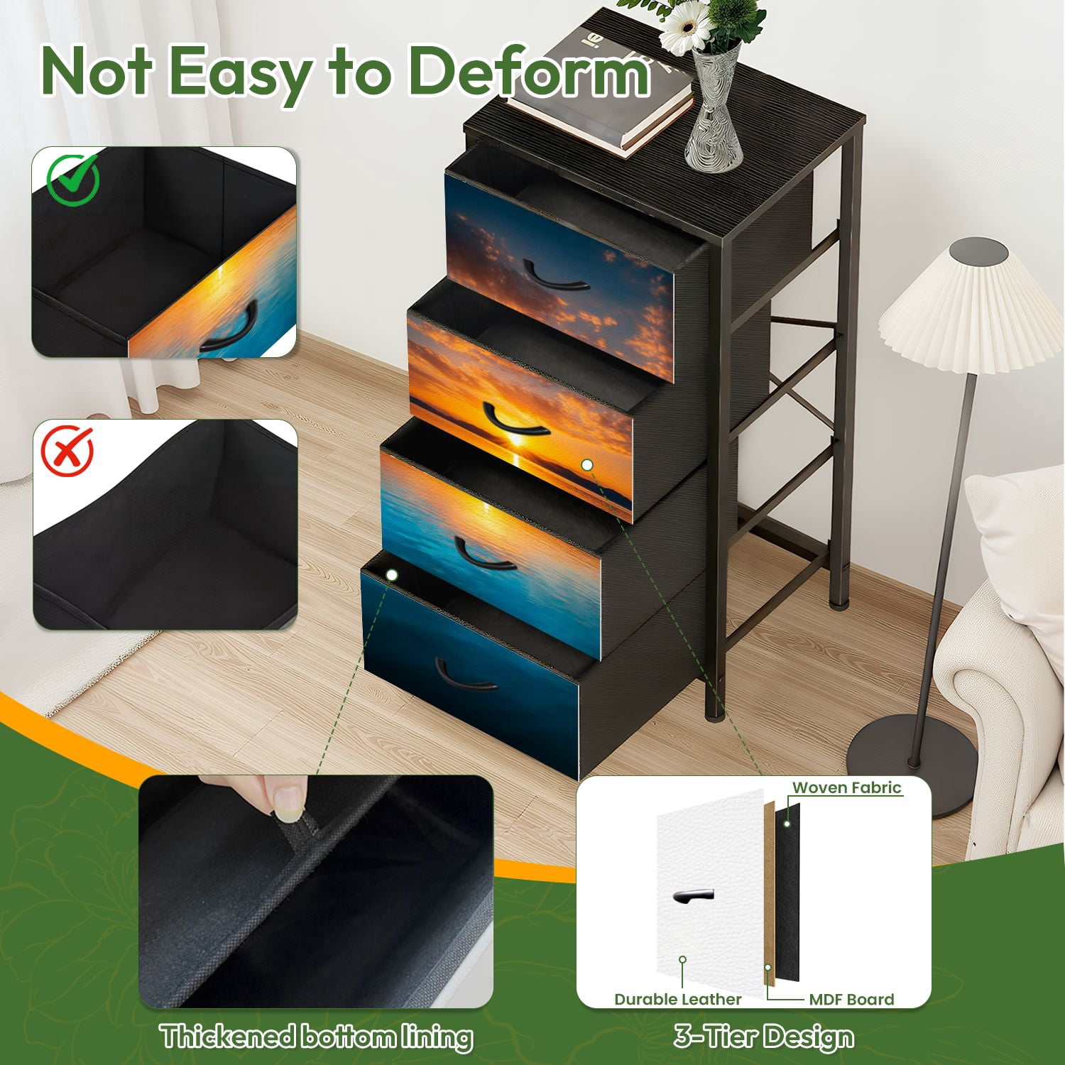 4 Drawer Vertical Storage Dresser Sunset water with Wood Top Fabric Pull Drawers