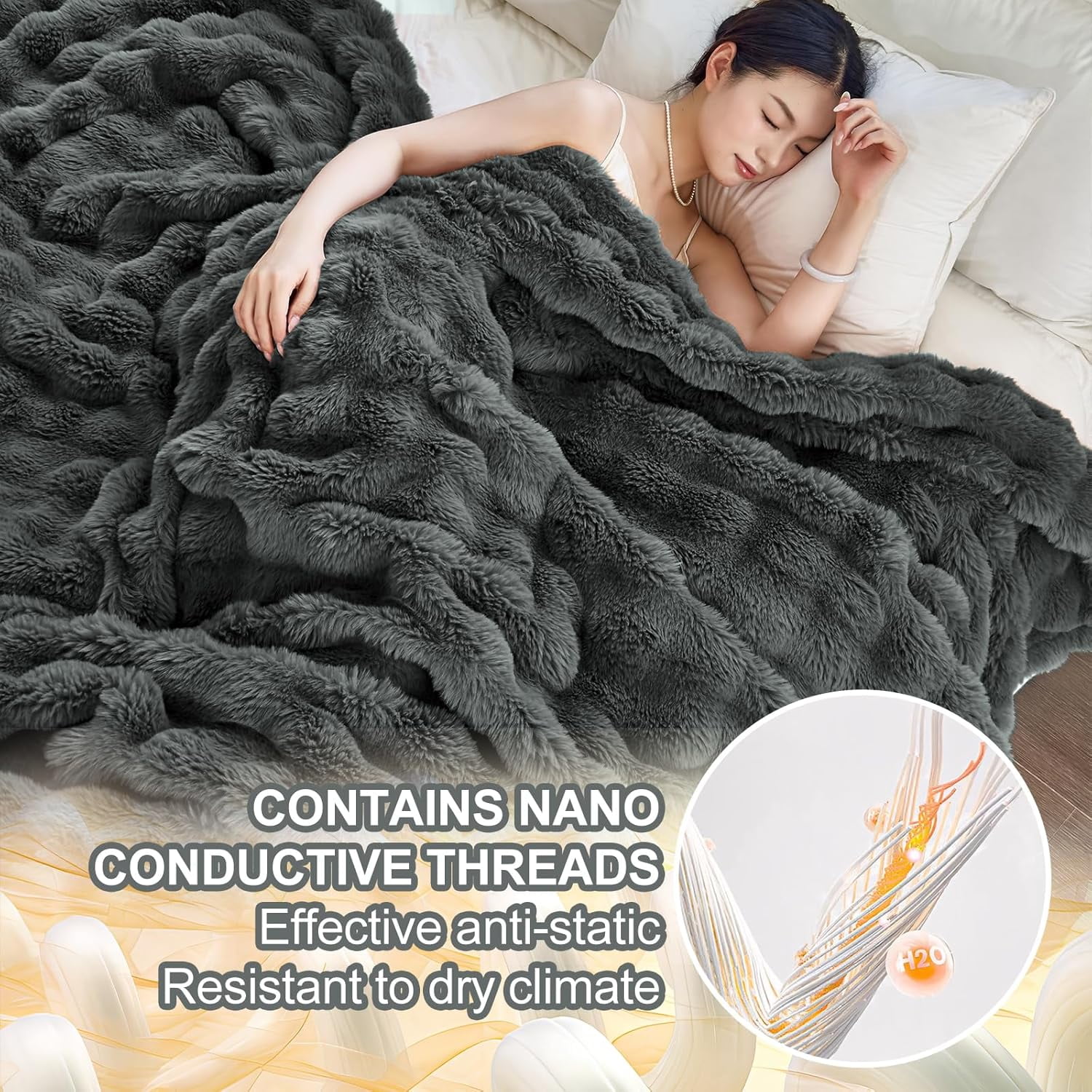 Parojati 90*90 Faux Fur Throw Blanket for Queen Size Bed - Extra Soft Fluffy Warm Bubble Design Blanket for Couch, Sofa and Versatile Use for Bedroom, Living Room, Farmhouse, Grey