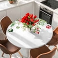 thumbnail image 2 of Red Green Christmas Table Cloth, Round Fitted Tablecloths with Elastic Edge, Xmas Balls Botanical Poinsettia Wipeable Waterproof Table Cover for Kitchen Wedding 55-60 Inches, 2 of 4