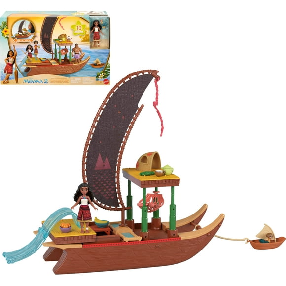 Jouets Moana 2 de ​Disney de Mattel, coffret de jeu Canot d’aventure de Moana<br>avec canot flottant, petite poupée Moana, 1 personnage ami, 6 zones de jeu et 10 accessoires"