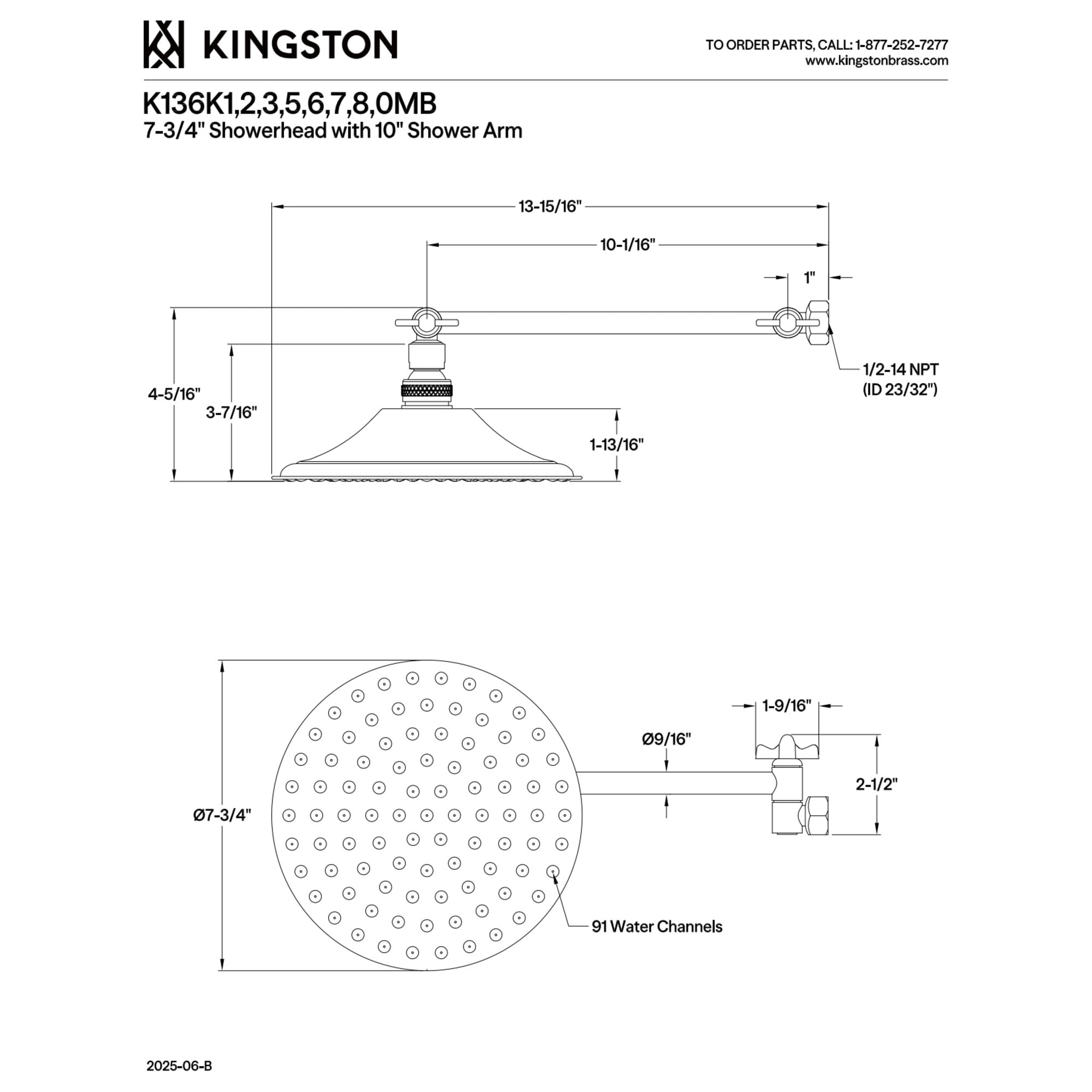 Kingston Brass K136K0MB Victorian 7-3/4 Inch Round Raindrop Brass Shower Head with 10-Inch High-Low Adjustable Shower Arm in Matte Black