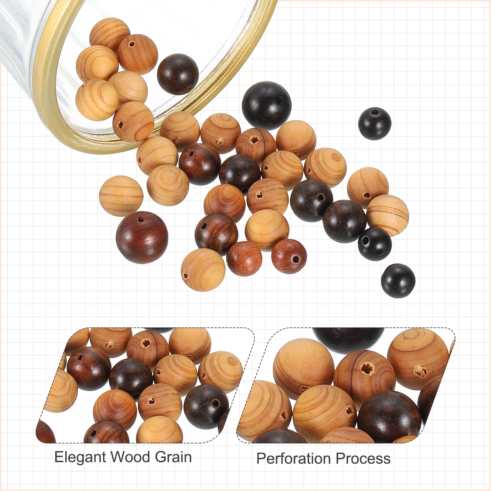 Uxcell 200Pcs Round Wooden Beads 2mm Hole Dia 10mm Dia Deep&Light Brown