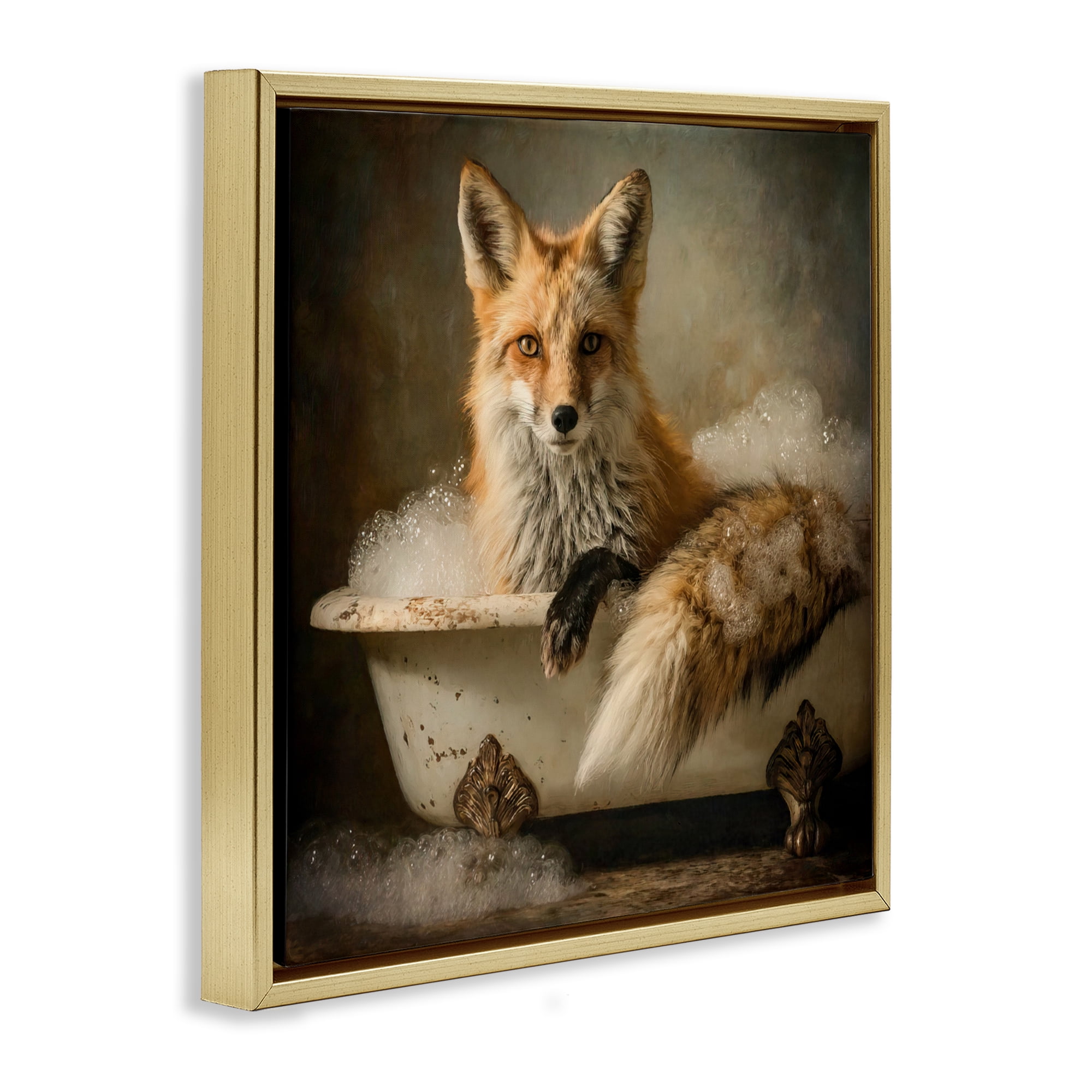 Stupell Industries Red Fox Bubble Bath Gold Framed Floater Canvas Wall Art, design by Tina LeCour
