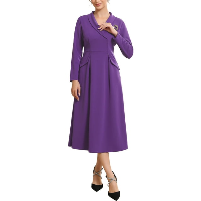 INSPIRE CHIC Robe Blazer Formelle pour Femme Col à Revers Col en V Manches Longues Ligne A Robe de Travail L Violet