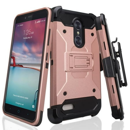ZTE Max Duo LTE, ZTE Carry, Blade X Max, ZTE ZMAX Pro Case, ZTE Grand X Max 2 Case, ZTE Imperial Max Heavy Duty[Built-in Kickstand] Belt Clip Holster / Rugged Triple Layer Protection - Rose Gold