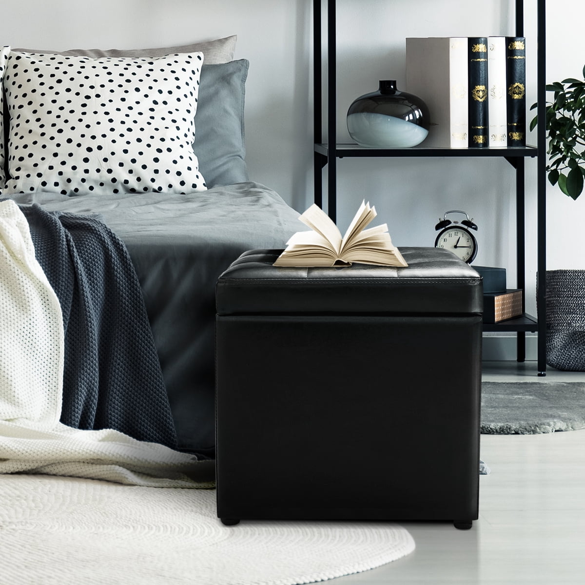 Topbuy 16''Cube Ottoman Storage Box  Pouffe Seat Footstools with Hinge Top Black