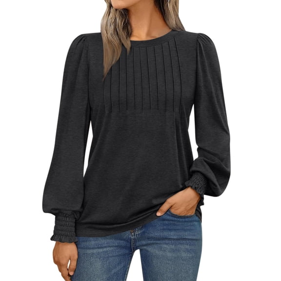 Yaruuzi Long Sleeve Shirts for Women Mock Neck Tops Pleated Front Blouses Puff Sleeve Boho Tops Dressy Casual Spring Fall Clothes 2026 Fashion Loose Tunic Tops Business Work Blouse Black L