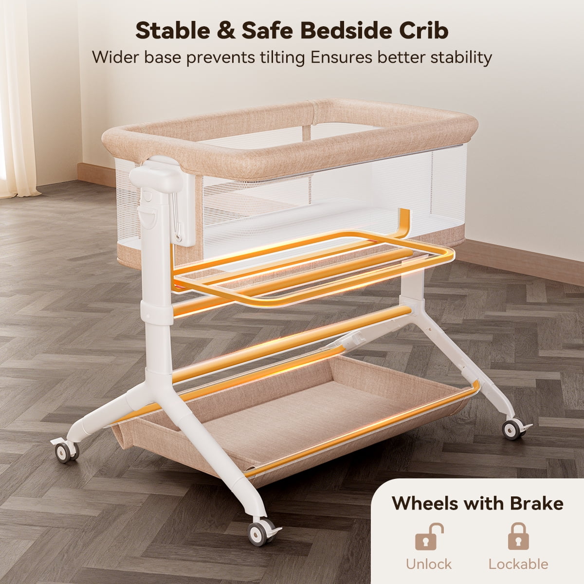 Baby Bassinet, Caveen Roacking Bassinet for Baby, Bedside Sleeper with Breathable Full-Mesh and Mattress, 6 Height Adjustable, Portable Bedside Crib for Infants,Beige