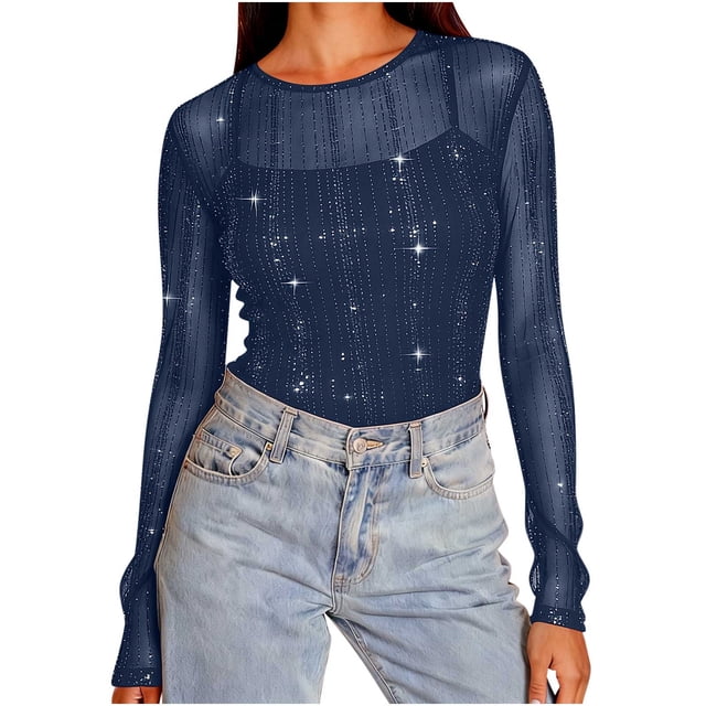 Womens Sparkly Mesh Sheer Blouses Tops Glitter Star See Through Tops Holiday Outfits Tee Shirt Long Sleeve Sparkly Shirt Holiday Party Concert Rave Outfits