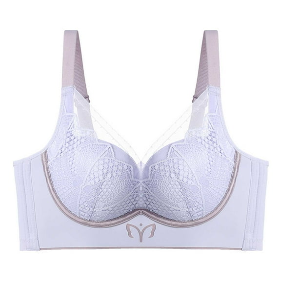 MIUOWANP Women's Push-Up Thin Bra Wire-Free Sexy V-shaped Embroidered Breathable Bra Adjustable Shoulder Strap Hollow Out Lace Bra,Purple L