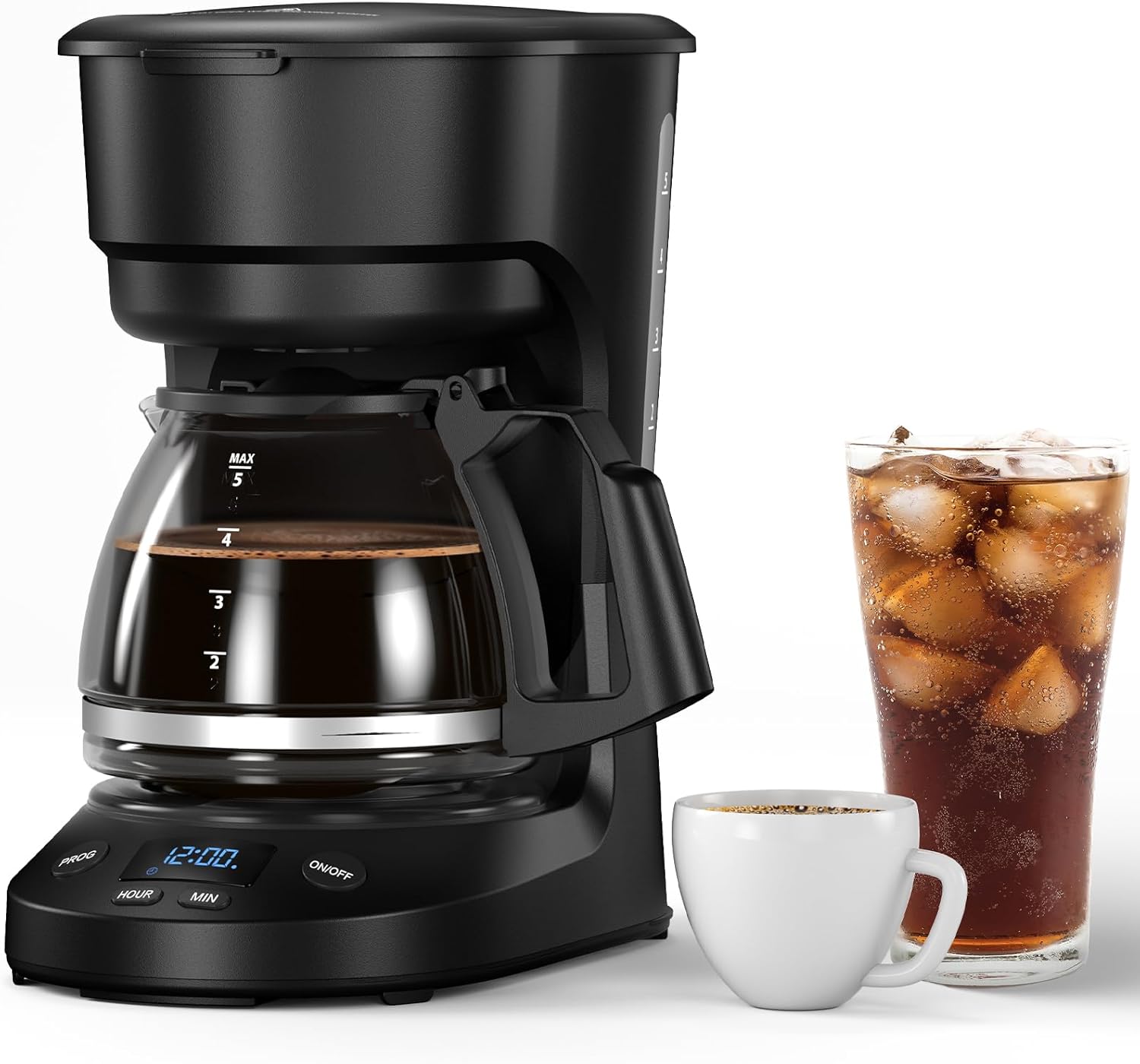 FREE VILLAGE Compact Coffee Machine,5 Cup Drip Coffee Maker with Timing Function,2H Auto Power-off,2H Keep Warm,Pause & Brew,Reusable Filter,and Drip-Free Carafe,Black