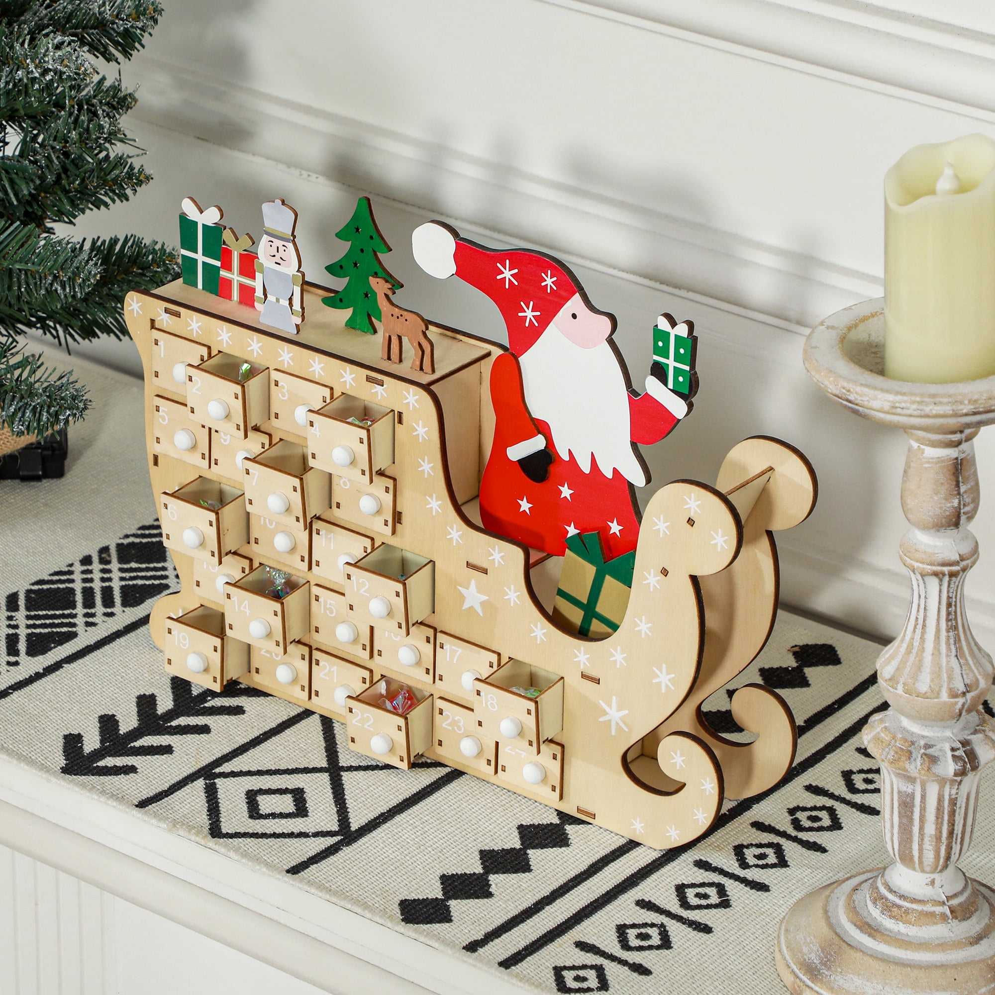 Wooden Advent Calendar Santa Sleigh Design 24 Drawers Reusable Christmas Countdown Decor