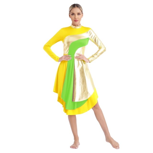 Ocealan Robe de Danse Liturgique pour Femmes Manches Longues Robe d'Église de Culte Bloc de Couleur Lycée Jaune m