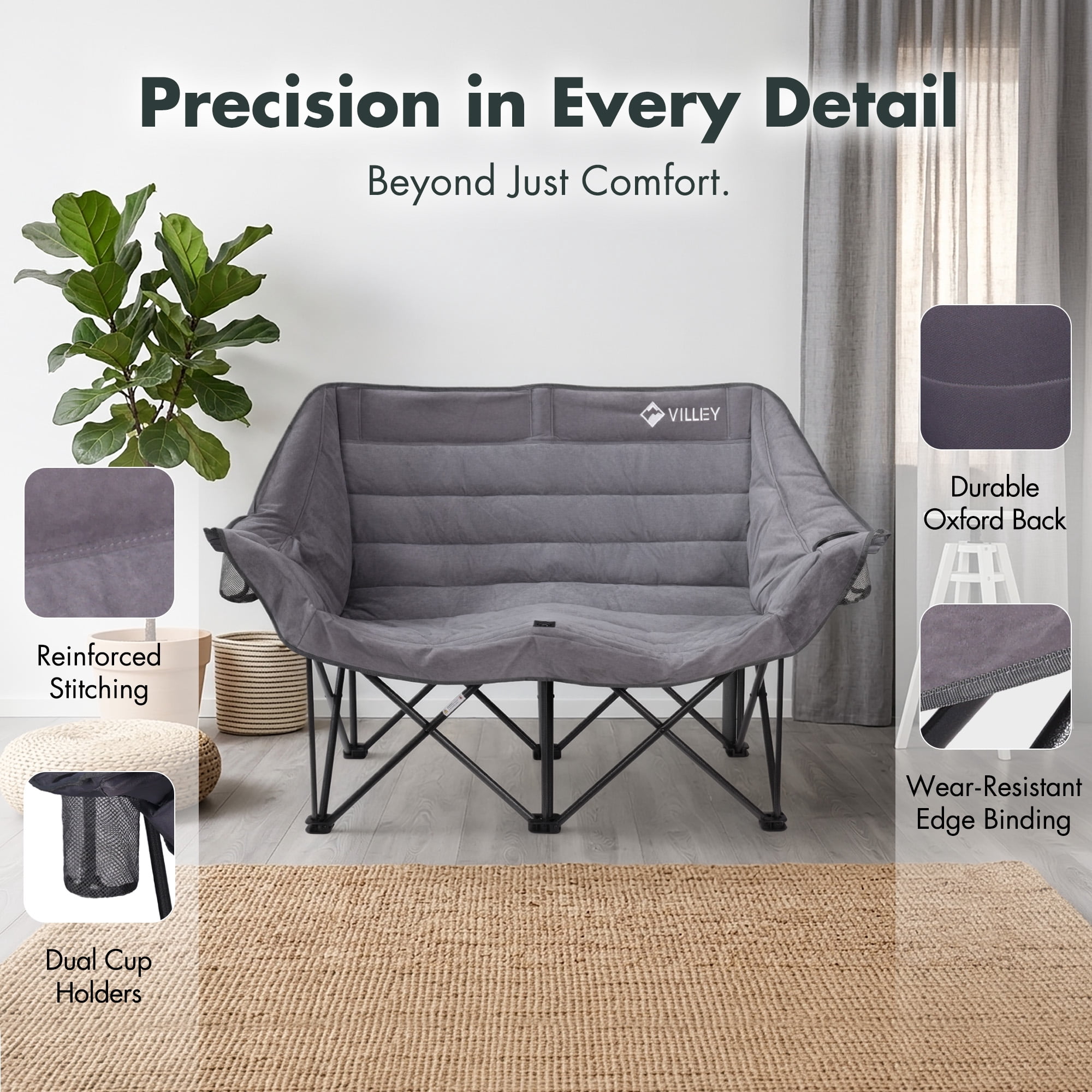 VILLEY Oversized Double Camping Chair, 800lbs Portable Folding Loveseat for Adults, Heavy Duty Suede Fabric, XL 2 Person Padded Chair with Cup Holders for Outdoor Camping, Lawn, Backyard