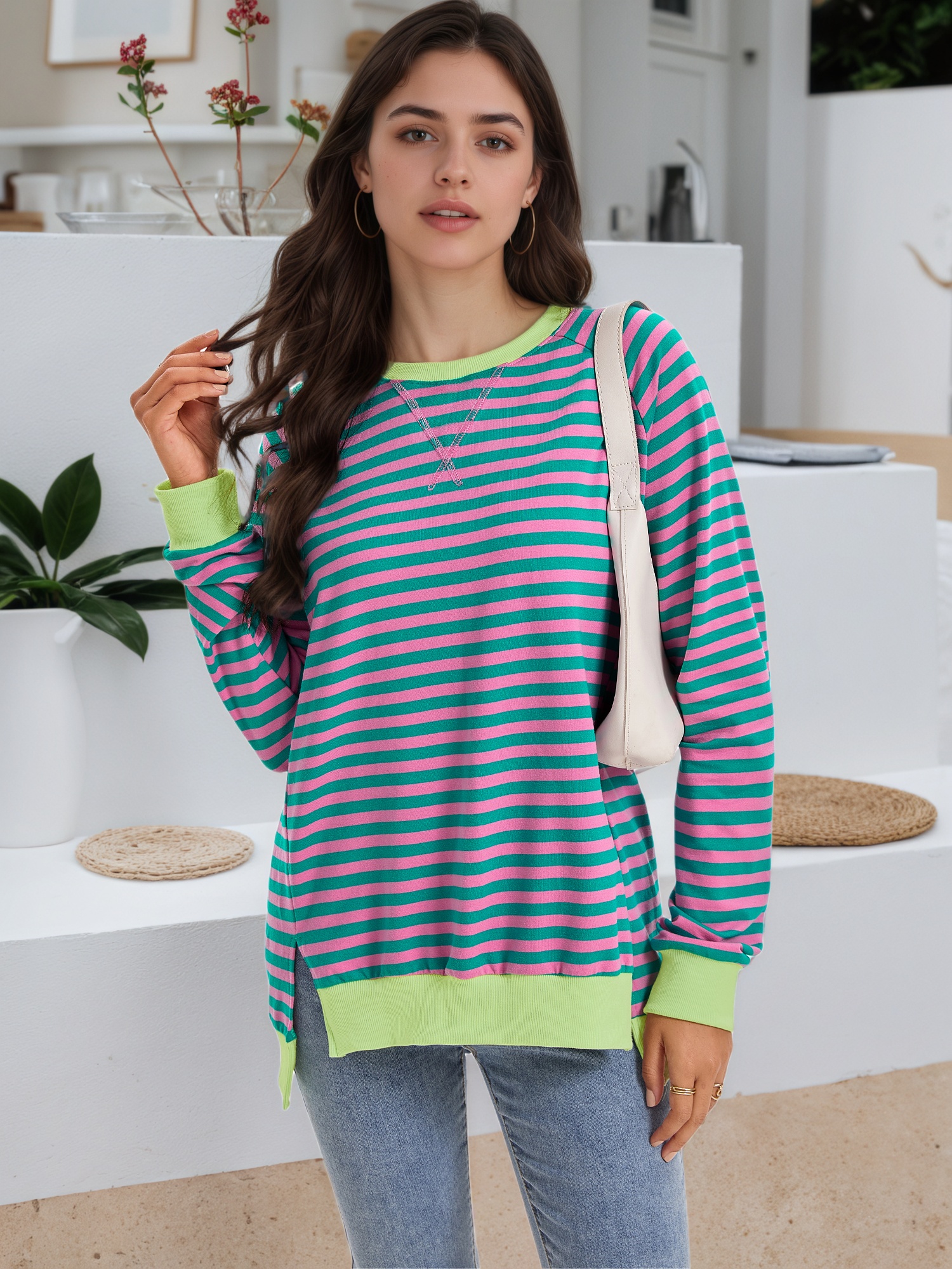 DARING DIVA Women's Striped Oversized Crewneck Pullover Tops XL Green Pink