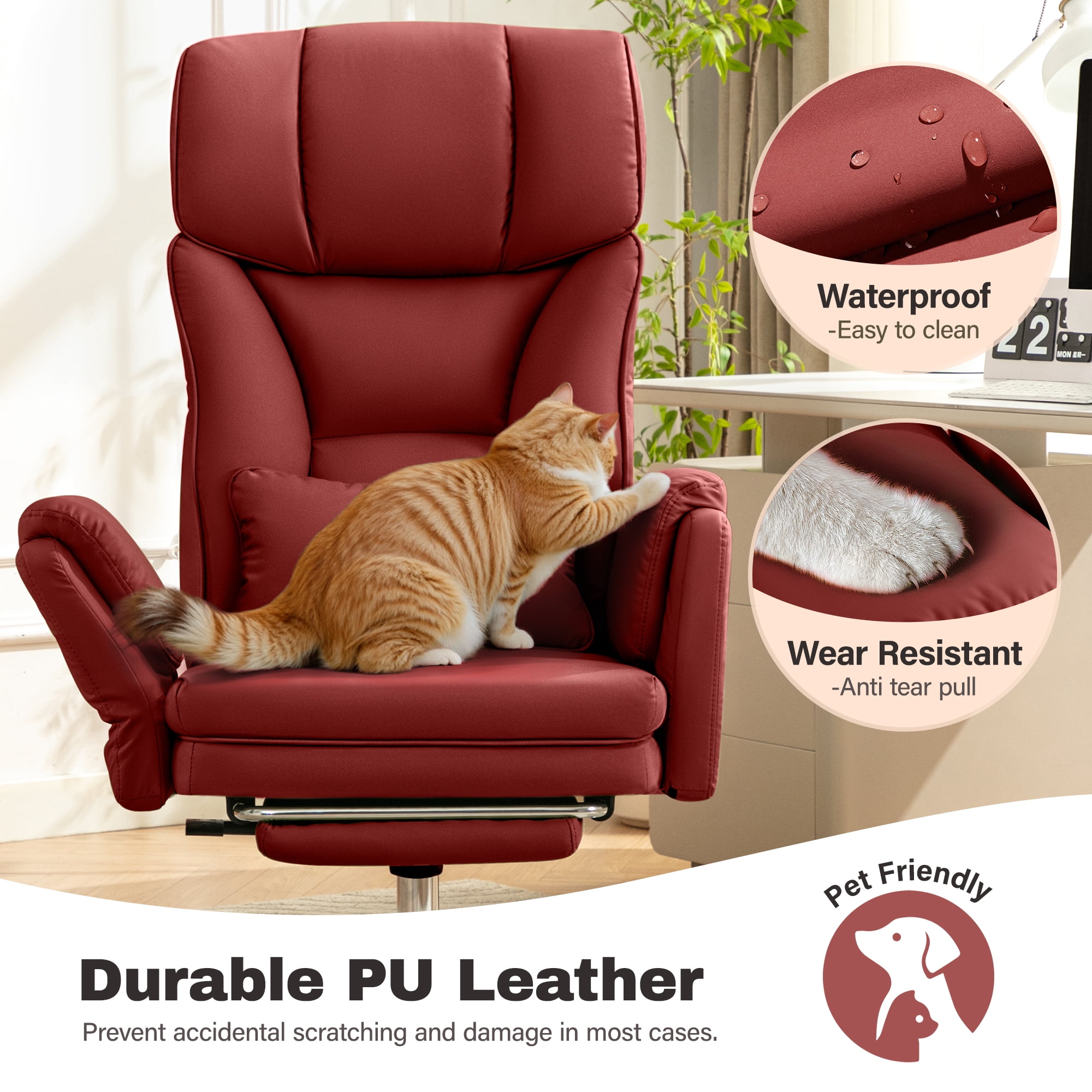 COOLHUT Big and Tall Office Chair, High Back Executive PU Leather Desk Chair with Footrest, Ergonomic Home Office Chair Computer Chair with Lumbar Support & Padded Armrest, Burgundy Red