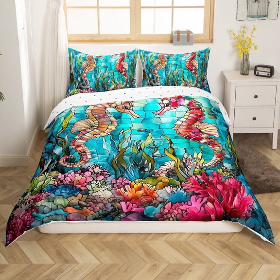 Erosebridal Teenager Seahorse Comforter Cover Twin,Marine Animal Bedding Twin Size,Ocean Theme Decor,Reversible,2-Piece(No Comforter)