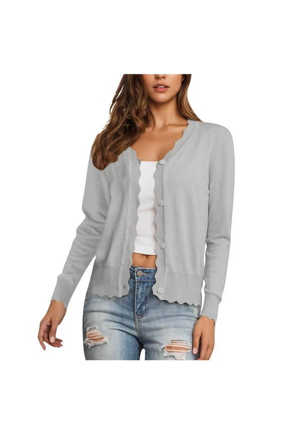 Women's Cardigan Sweaters Knit Long Sleeve V-Neck Button Down Cardigans Wave Edge Tops Gray (Women's S-2XL)