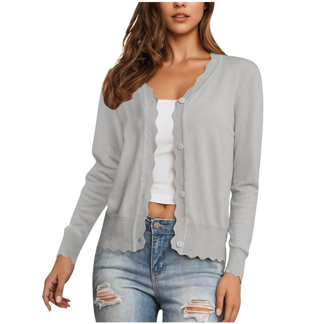 Womens Long Sleeve Knit Cardigans Lightweight Button Up Cardigan Sweater Fall Casual V-Neck Thin Jacket Gray, XL